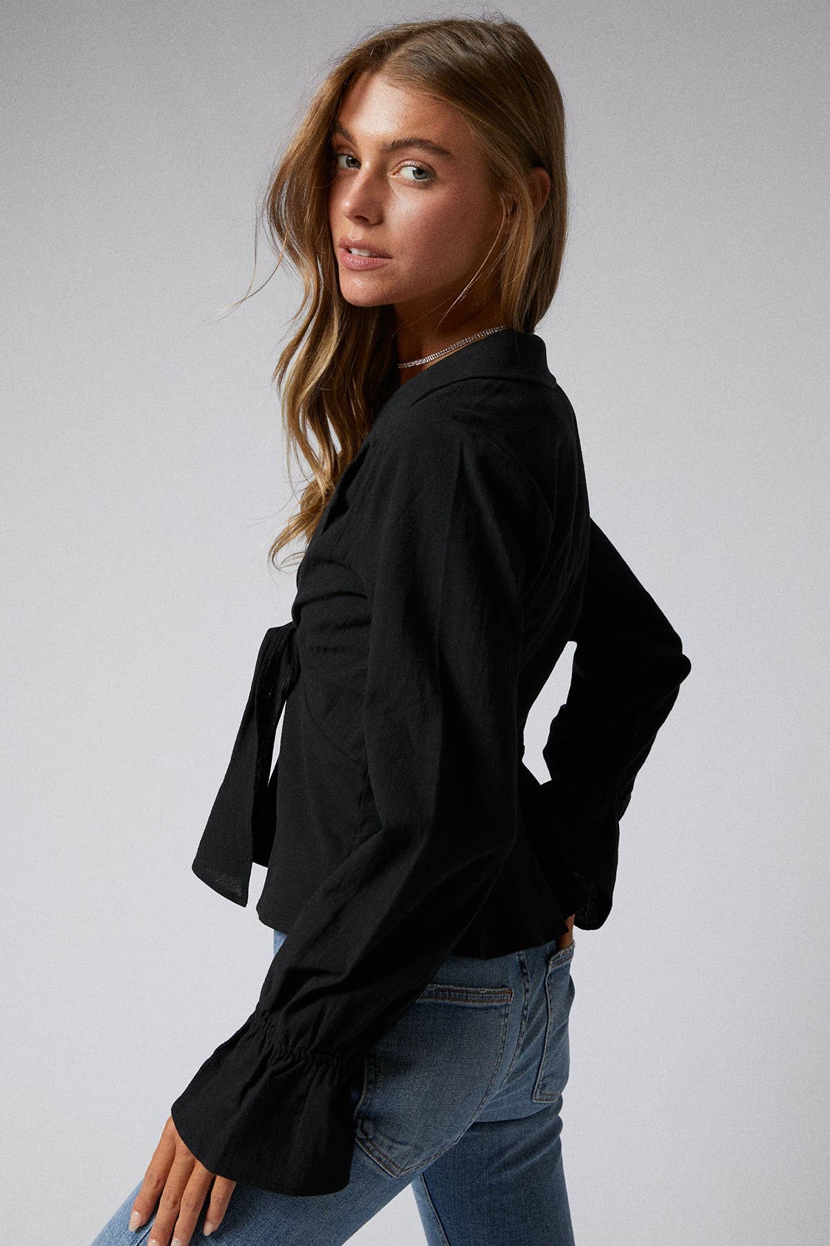 Ruffle Long Sleeve Tie Front Black Peplum Top