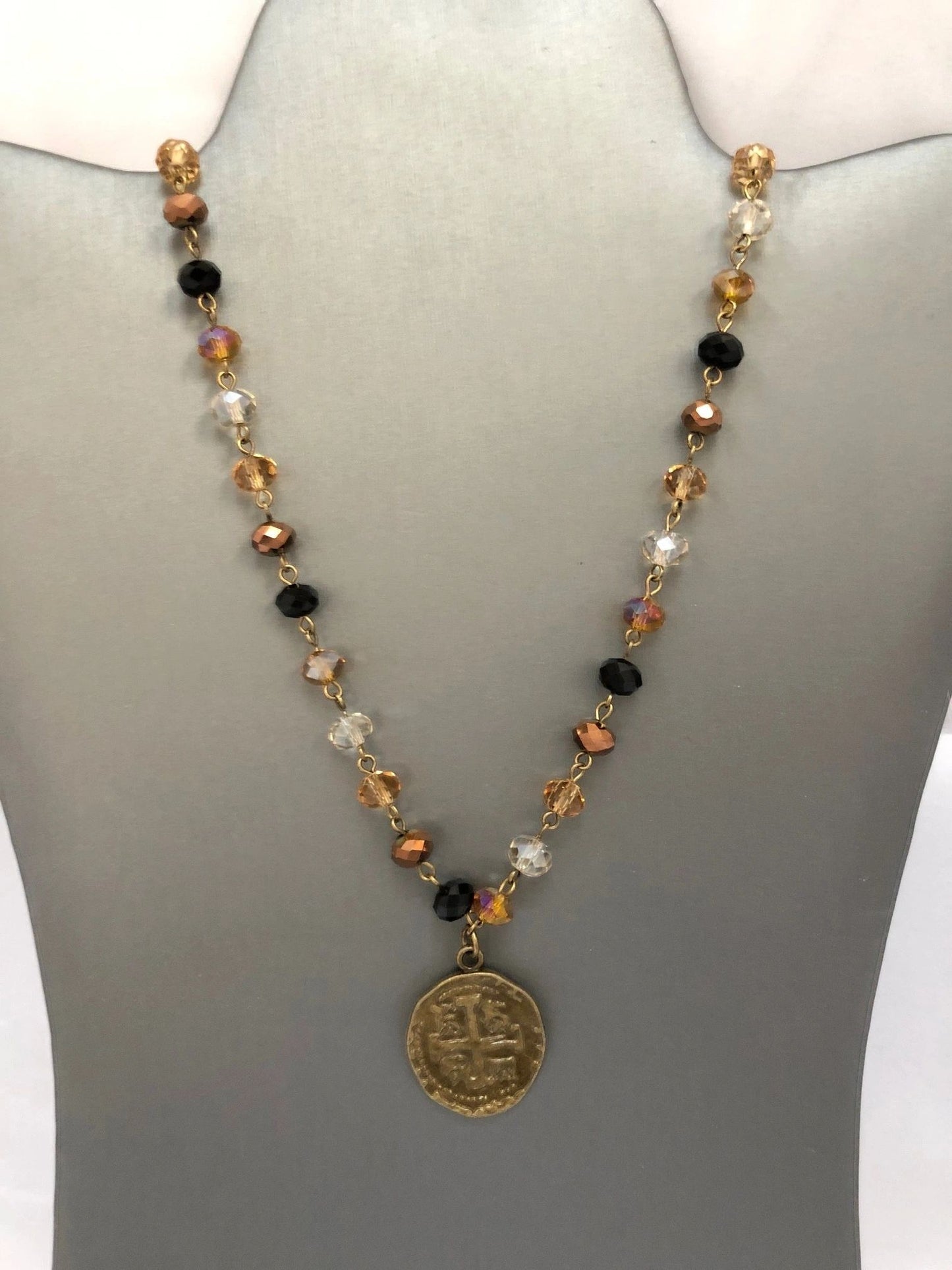 Leopard color Rosary Bead Necklace with Brass Spanish Coin