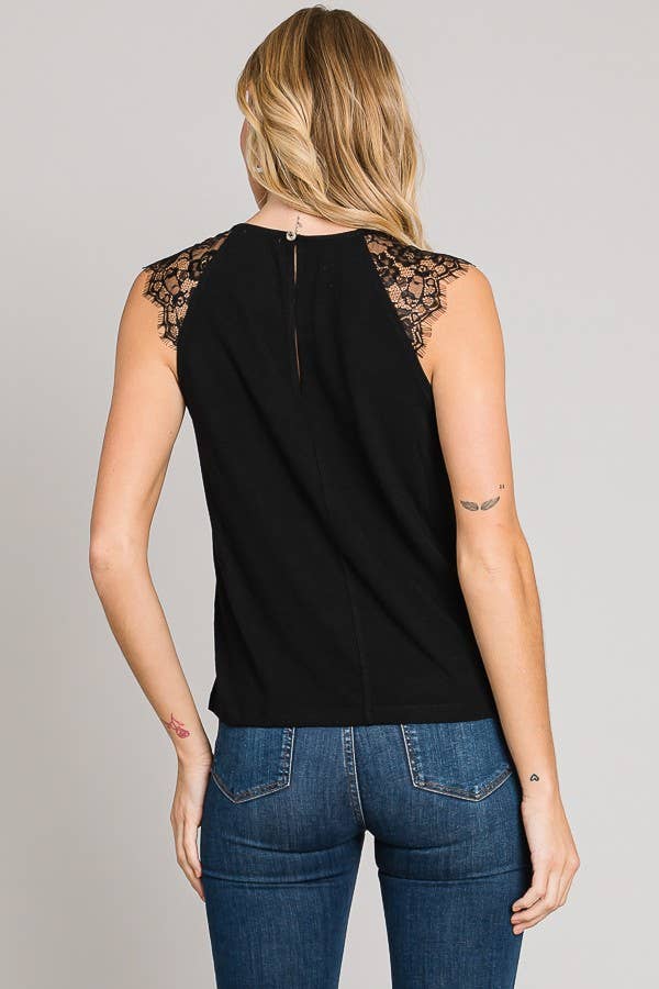 Black Lace Shoulder Sleeveless Vegan Leather Top