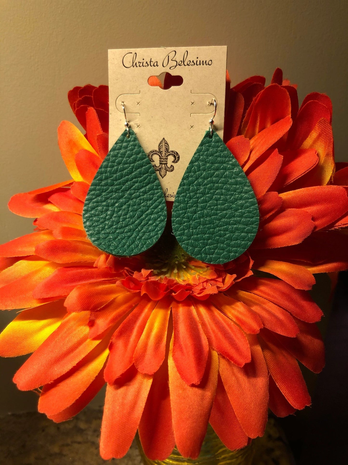 Green Leather Teardrop Earrings