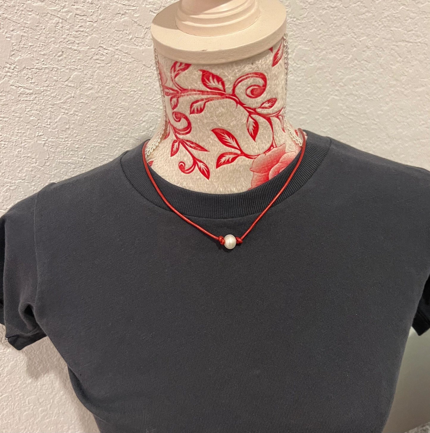 Single Pearl Choker On Red Leather Cord