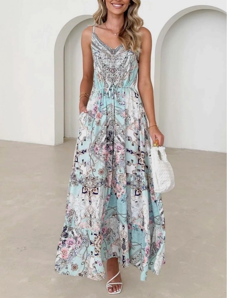 Spaghetti Strap Green Print Dress