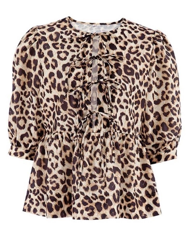 Leopard Print Puff Sleeve Tie Front Top