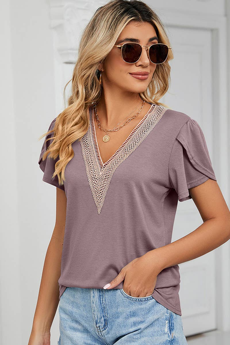 Beige Lace V Neck Ruffle Short Sleeve Top Lilac