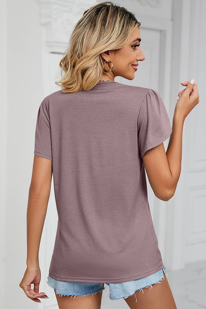 Beige Lace V Neck Ruffle Short Sleeve Top Lilac