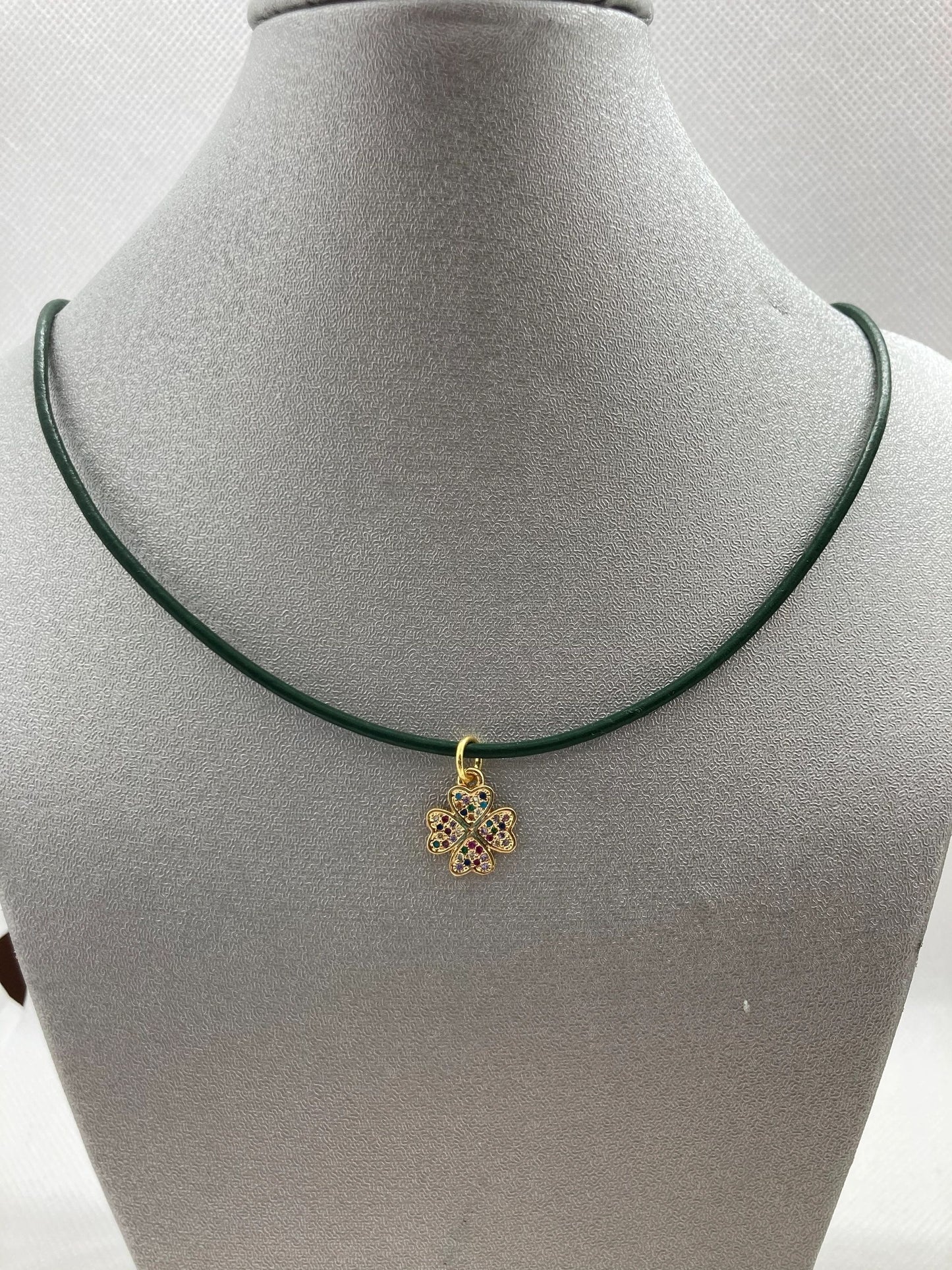 Four leaf clover shamrock necklace on leather cord