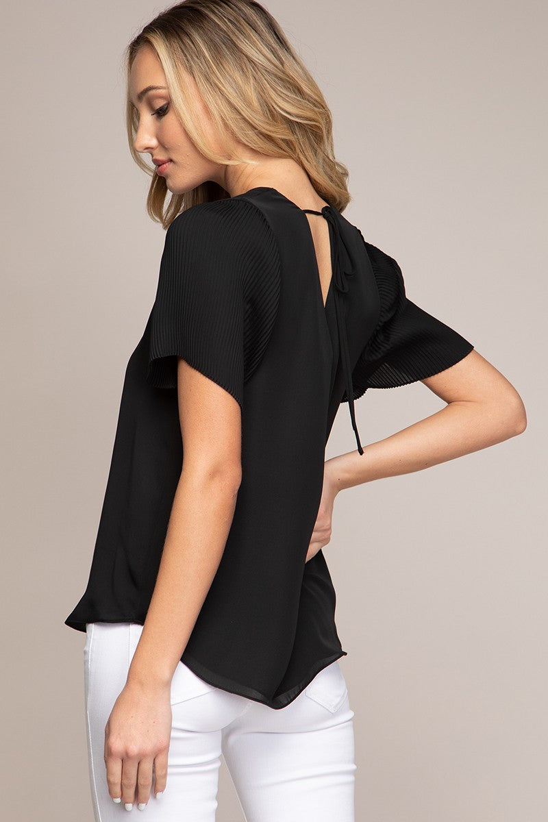 Pleated Angel Sleeve Blouse Black