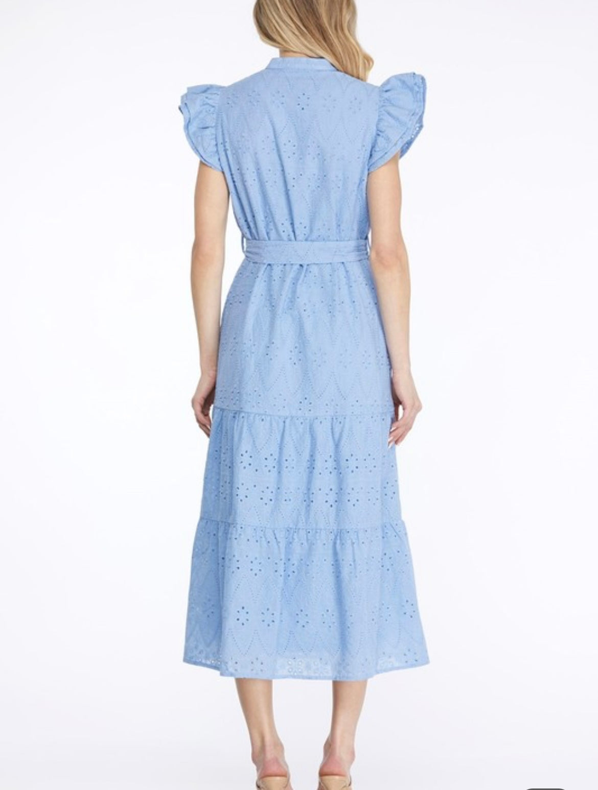 Blue Solid Eyelet Midi Dress