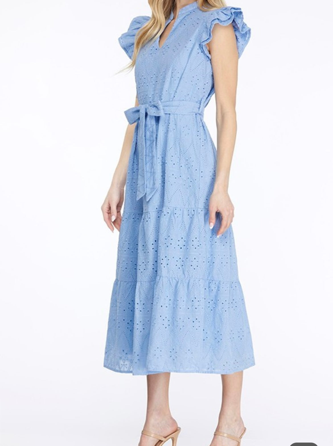 Blue Solid Eyelet Midi Dress