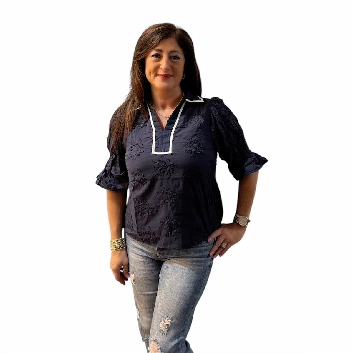 Navy Blue and White Trim Woven Blouse