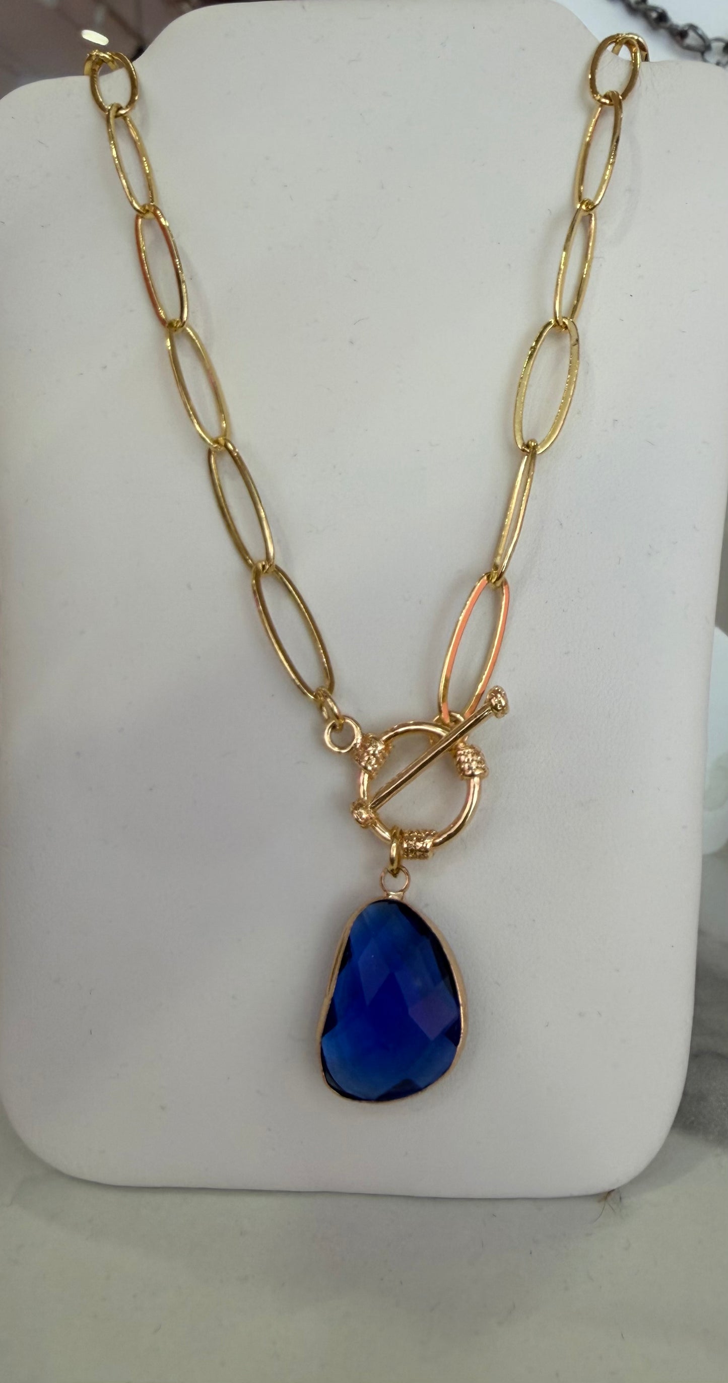 Gold Link Chain with Blue Pendant