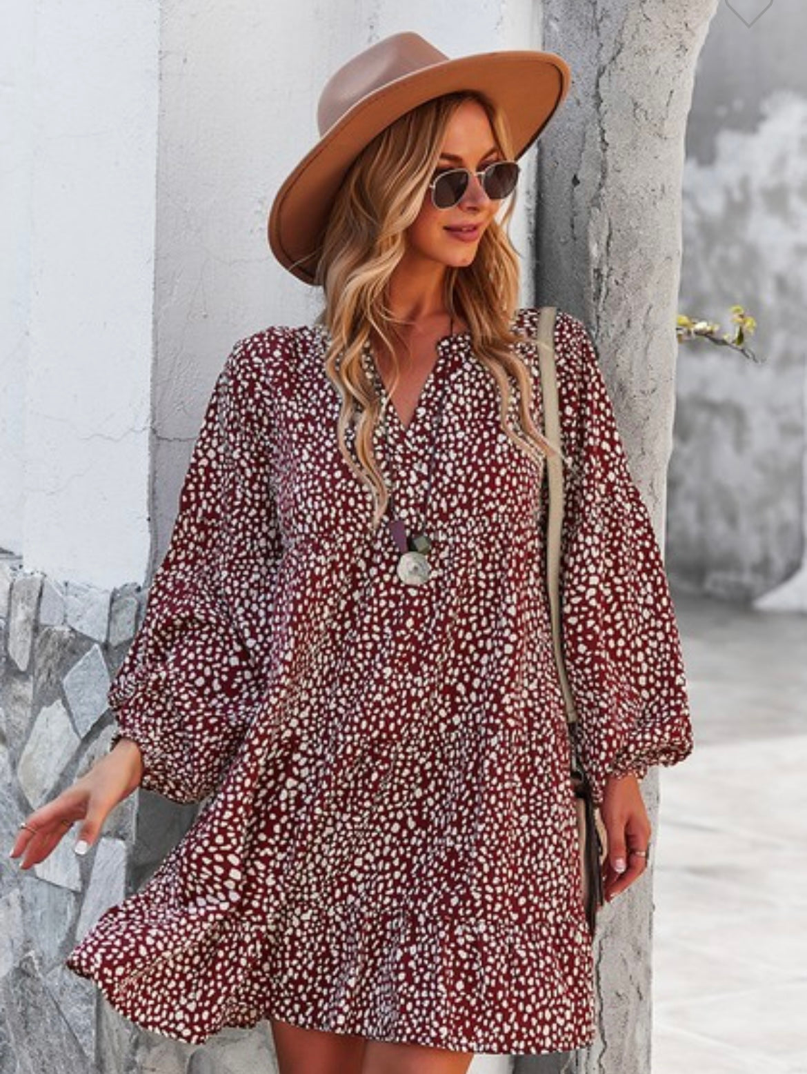 Maroon and White Polka Dot Dress
