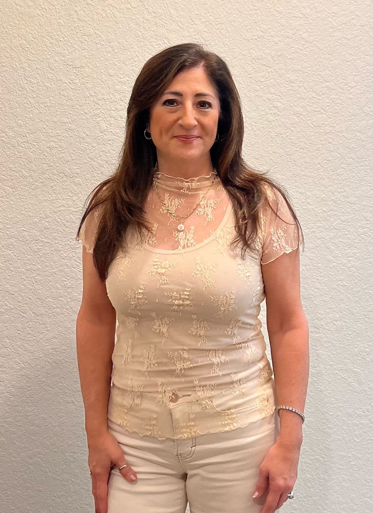 Beige Lace See Through Layering Top Short Sleeve