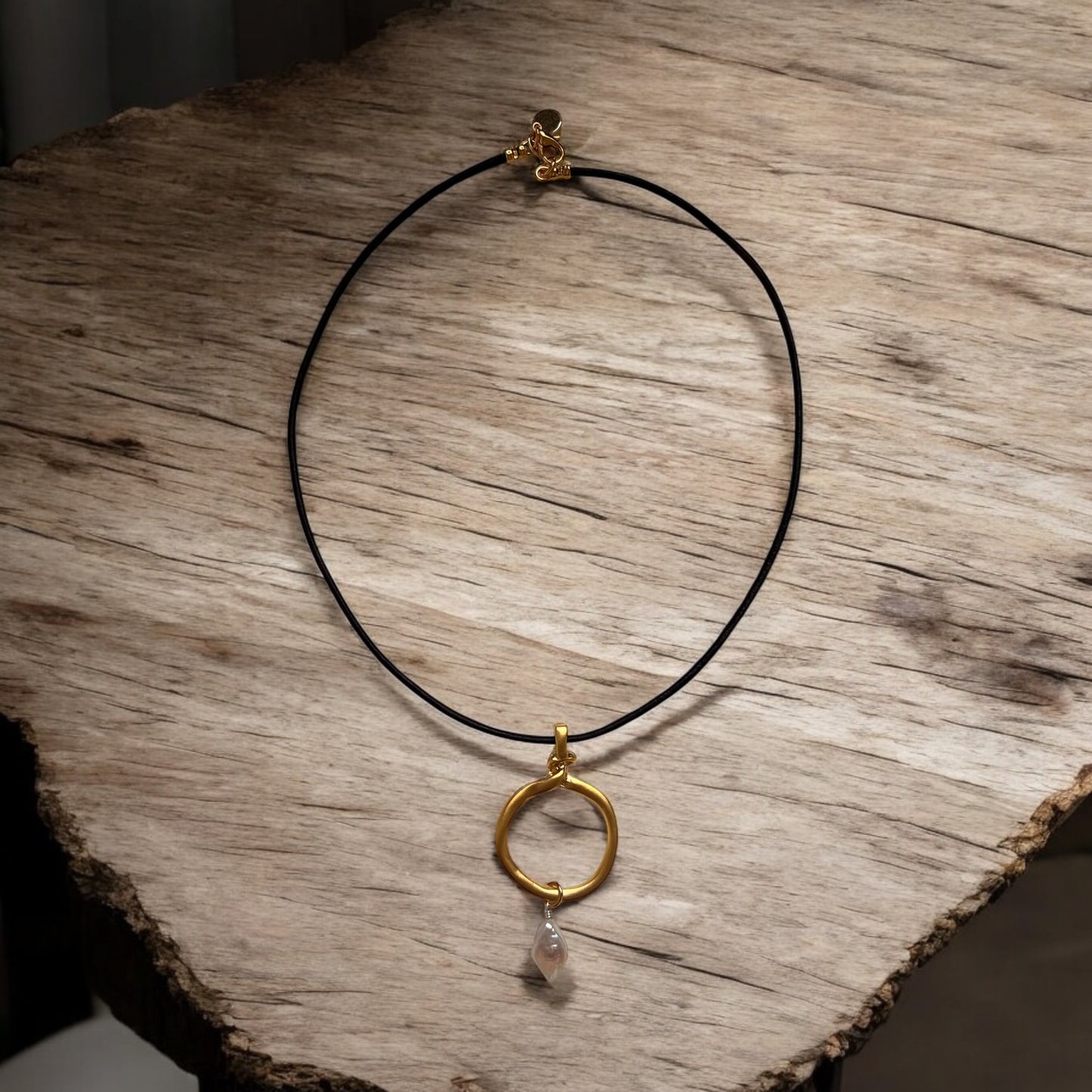 Gold, Pearl and Leather Necklace