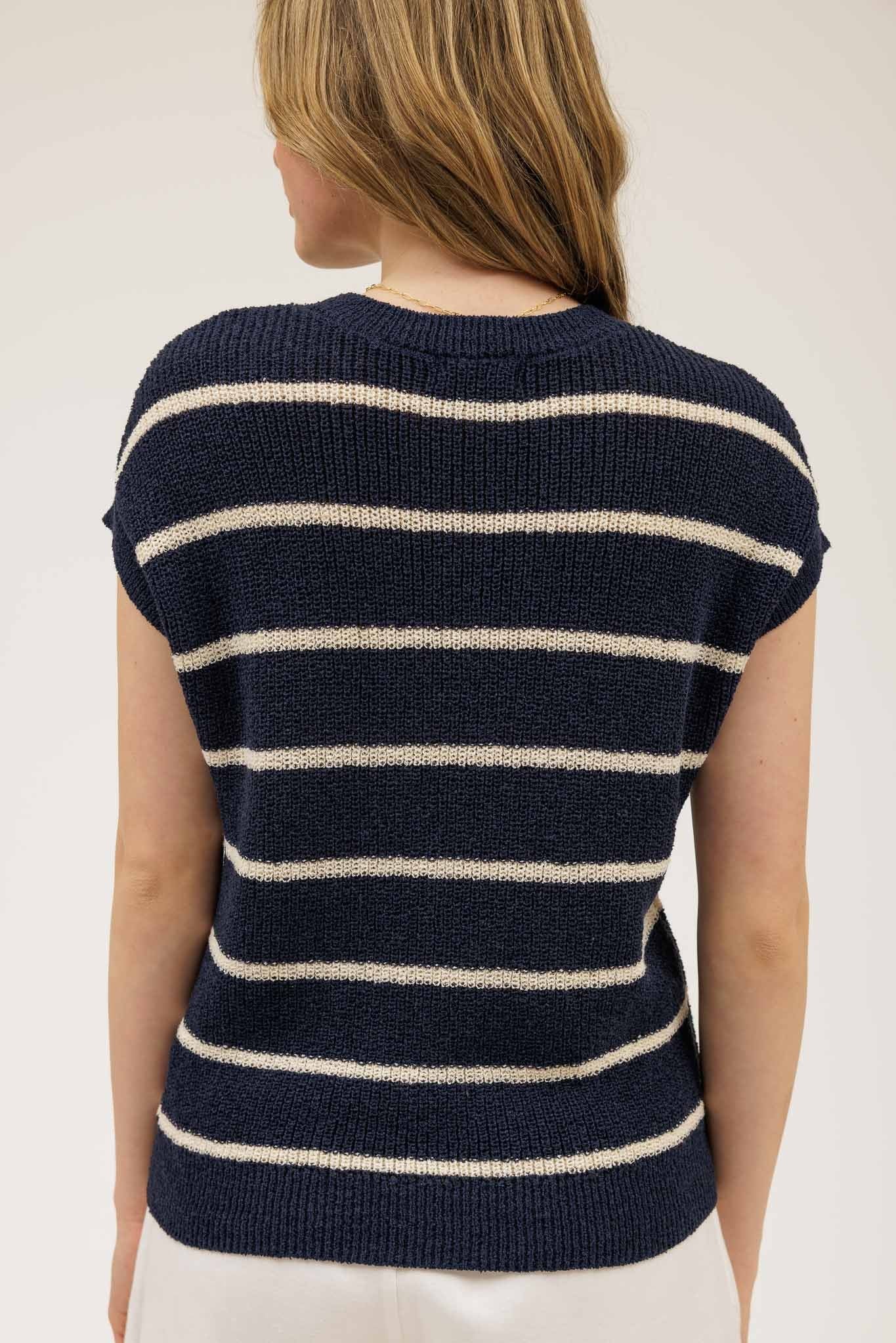 Navy Stripe Short Sleeve Knit Sweater