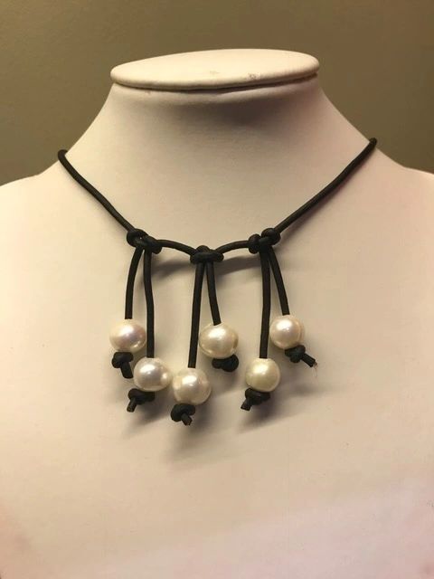Fringe freshwater pearl choker on leather cord