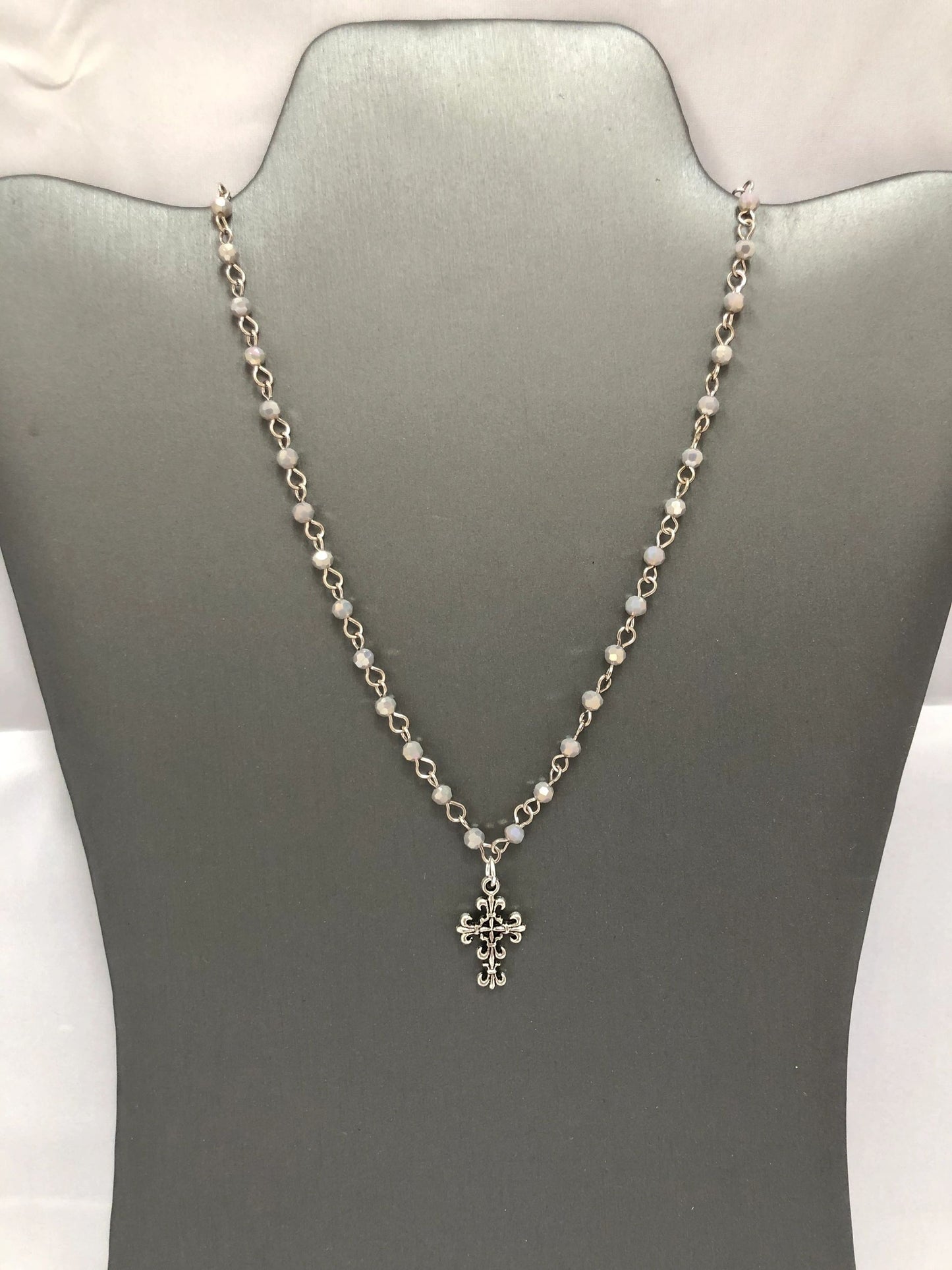 Grey/Silver Rosary Bead Cross Necklace Fleur De Lis
