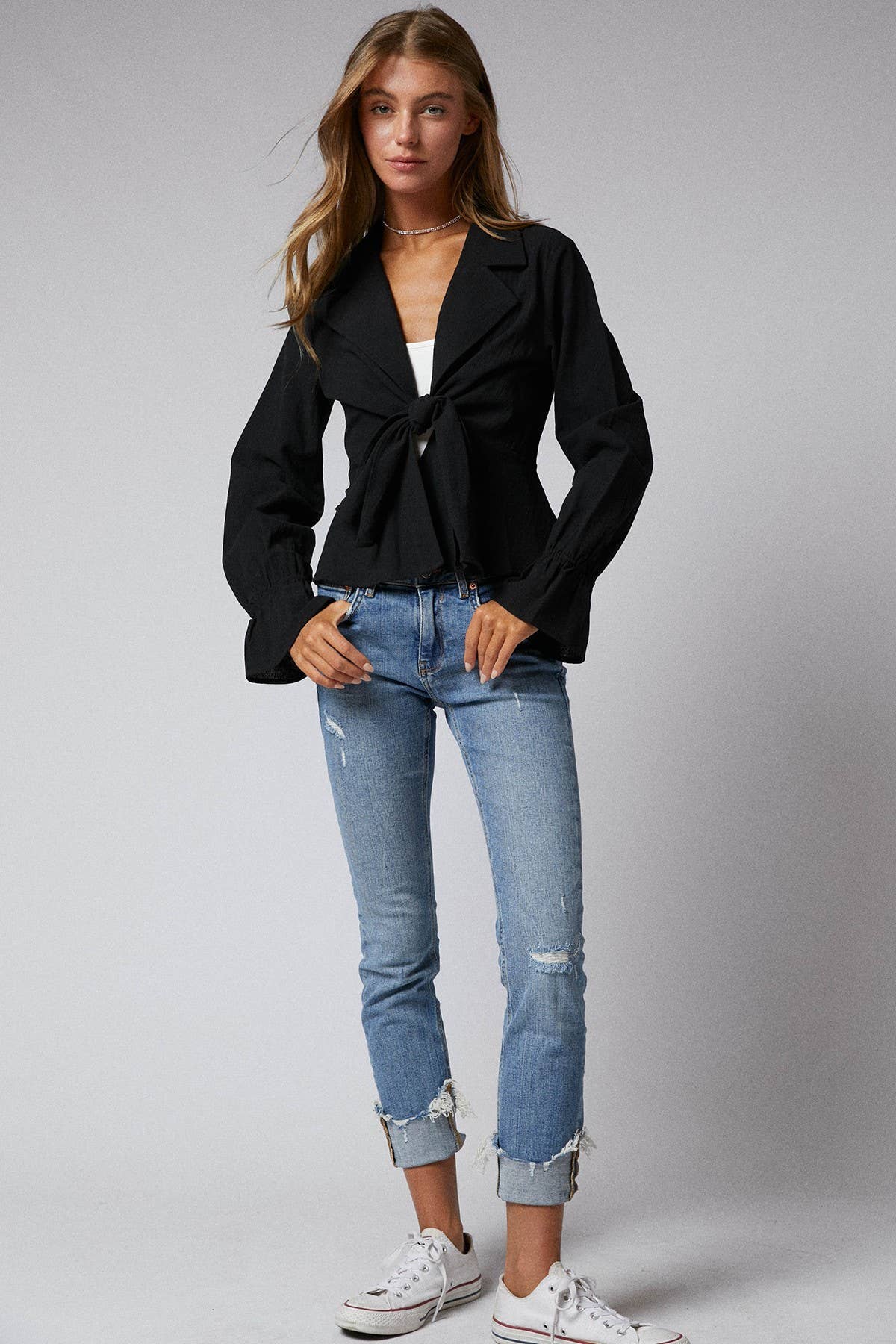 Ruffle Long Sleeve Tie Front Black Peplum Top