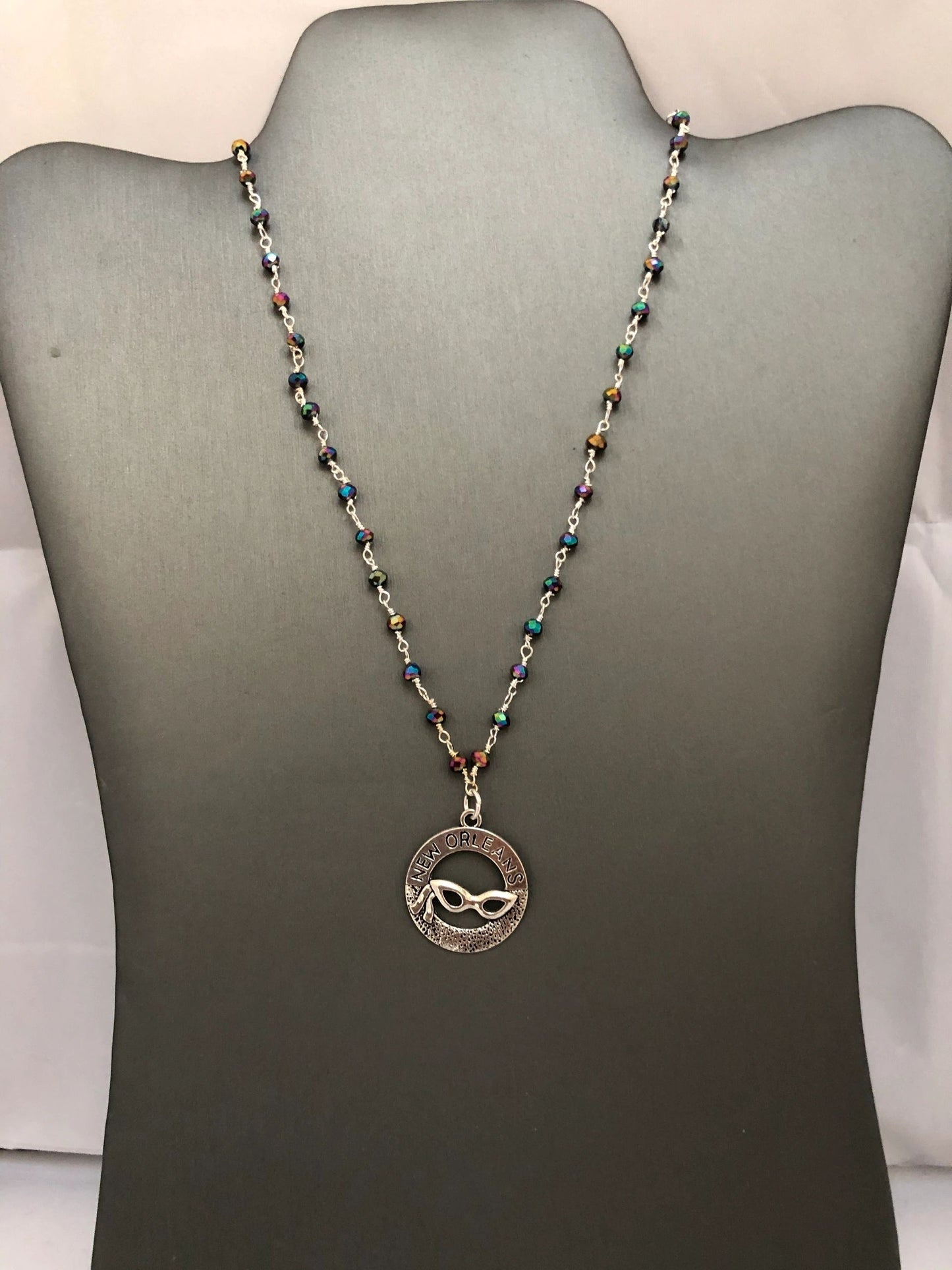 New Orleans Mardi Gras Mask Beaded Necklace Silver