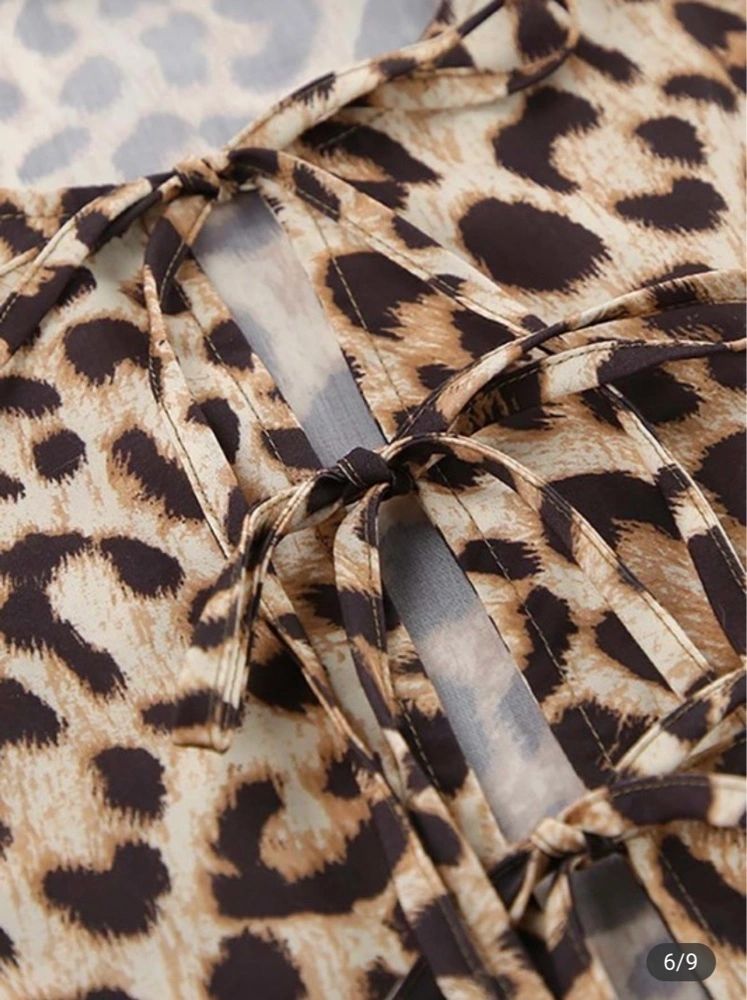 Leopard Print Puff Sleeve Tie Front Top