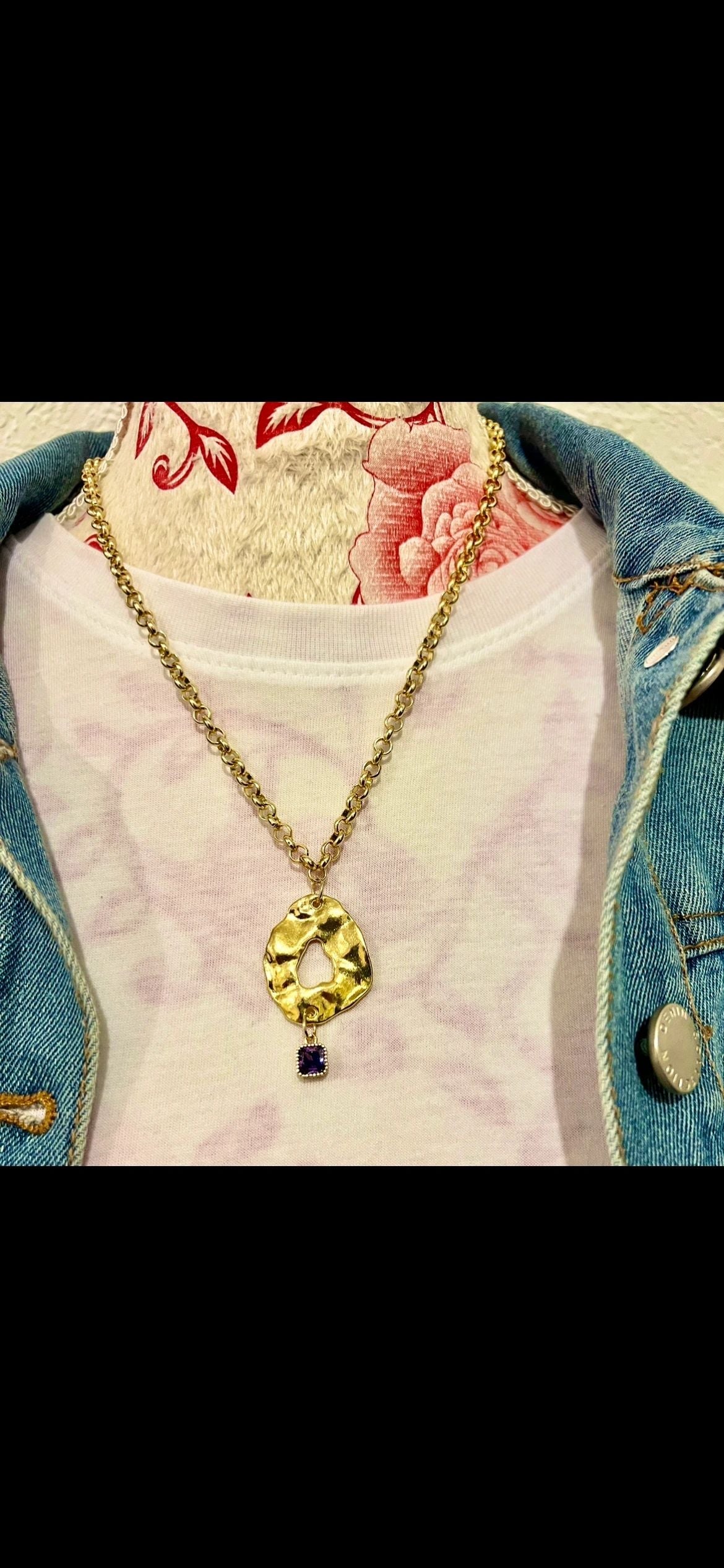 Gold Disc Necklace with Purple Stone