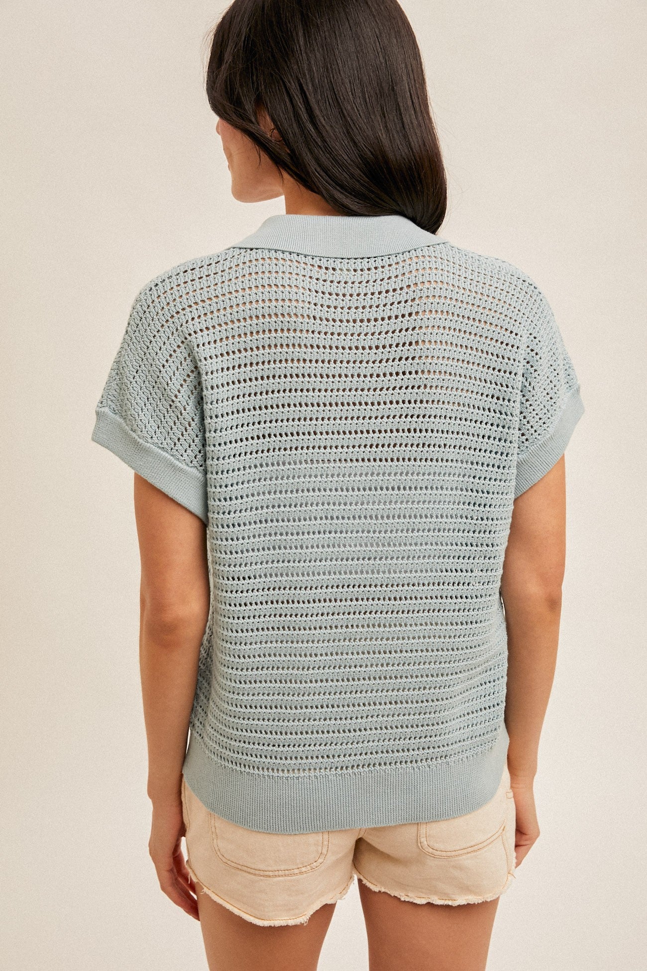 Open Collar Fishnet V Neck Sweater Knit Top Blue