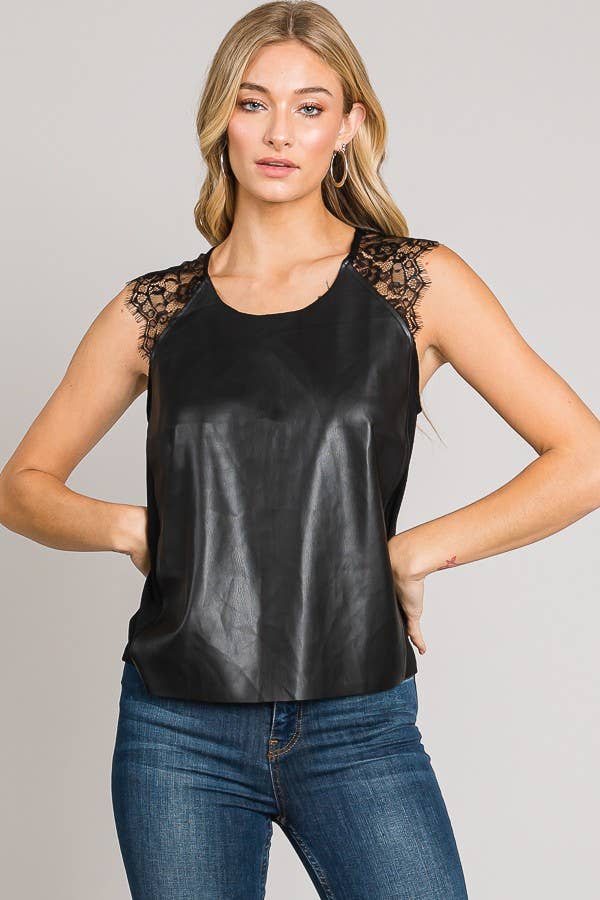 Black Lace Shoulder Sleeveless Vegan Leather Top