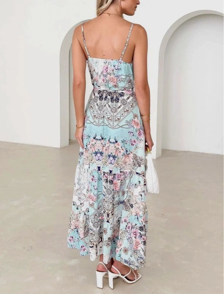 Spaghetti Strap Green Print Dress