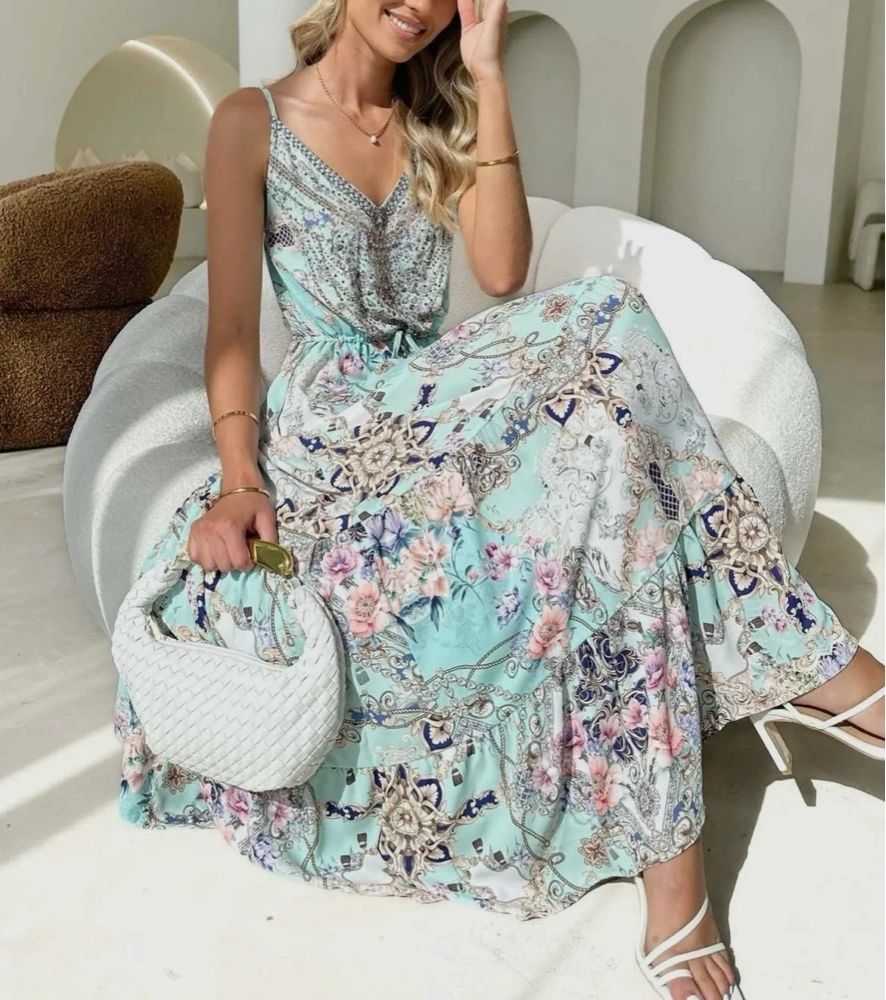 Spaghetti Strap Green Print Dress