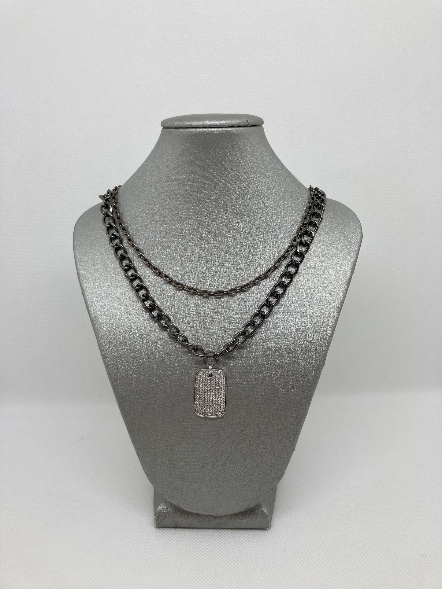 Silver Pave Dog Tag on Gunmetal Chain