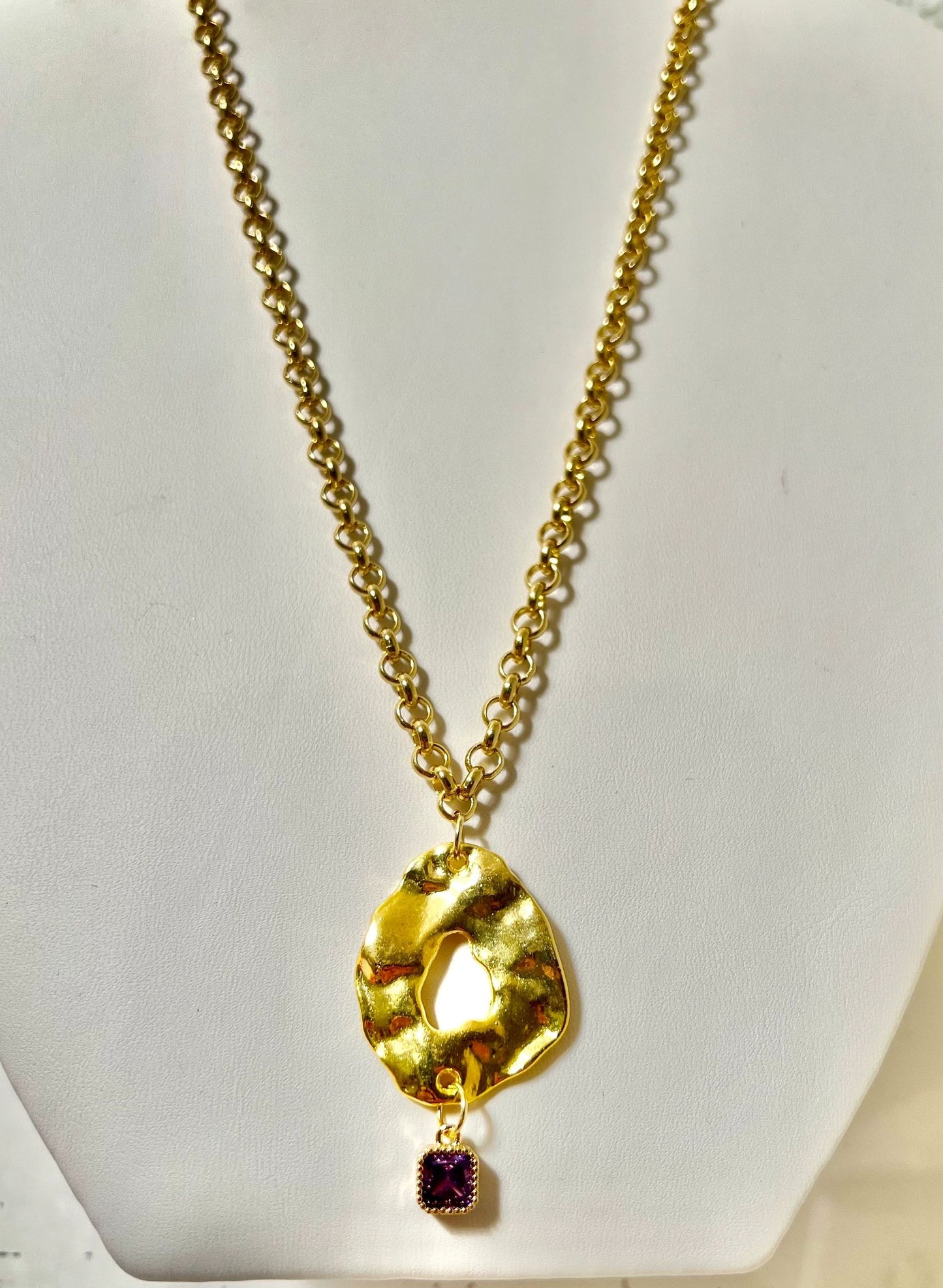 Gold Disc Necklace with Purple Stone