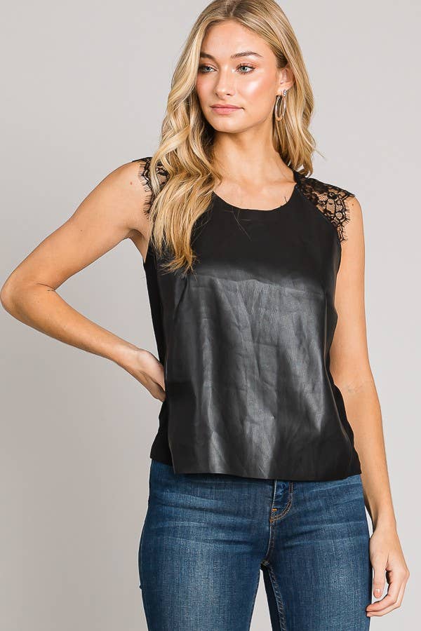 Black Lace Shoulder Sleeveless Vegan Leather Top