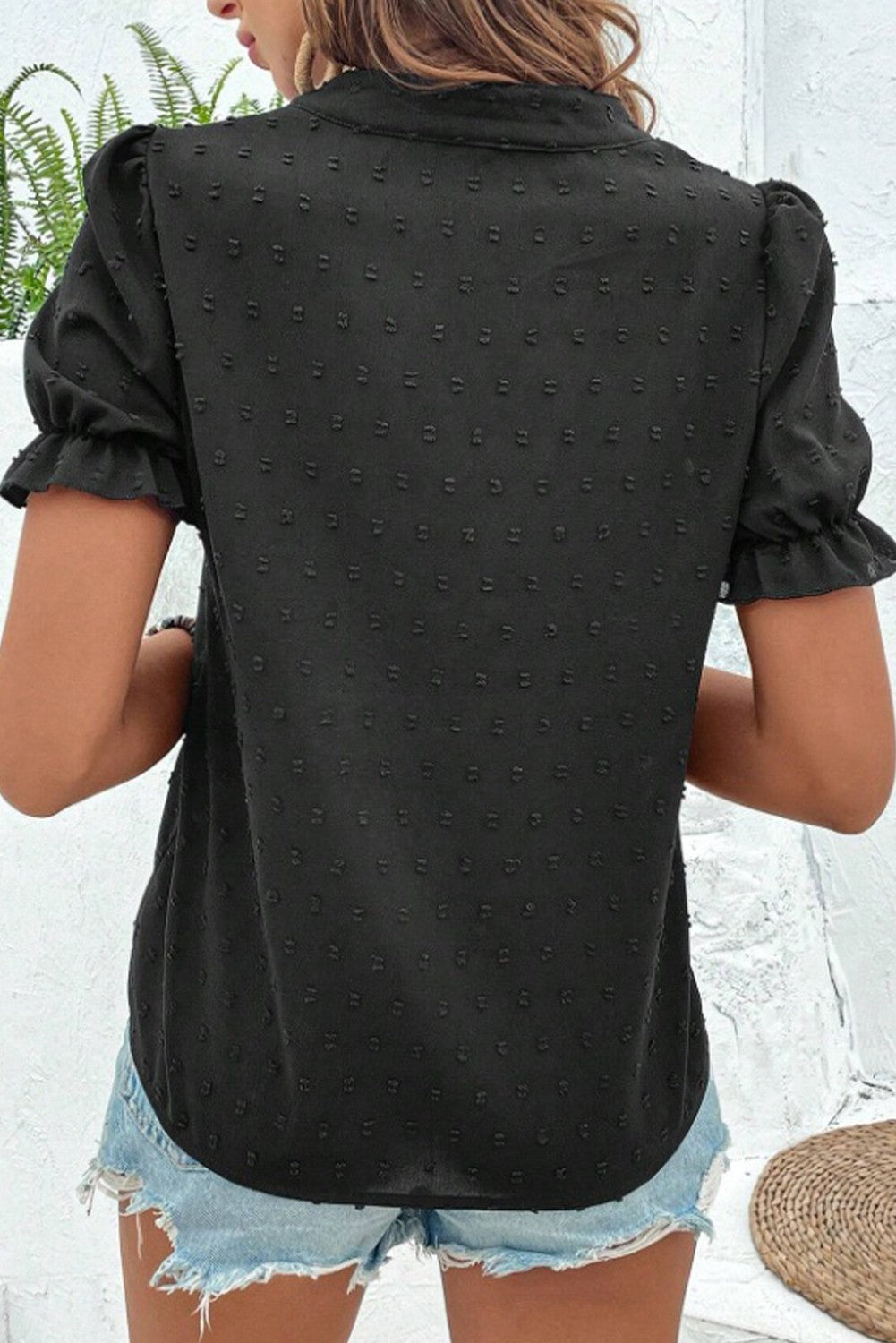 Black Floral Bubble Sleeve Chiffon Top