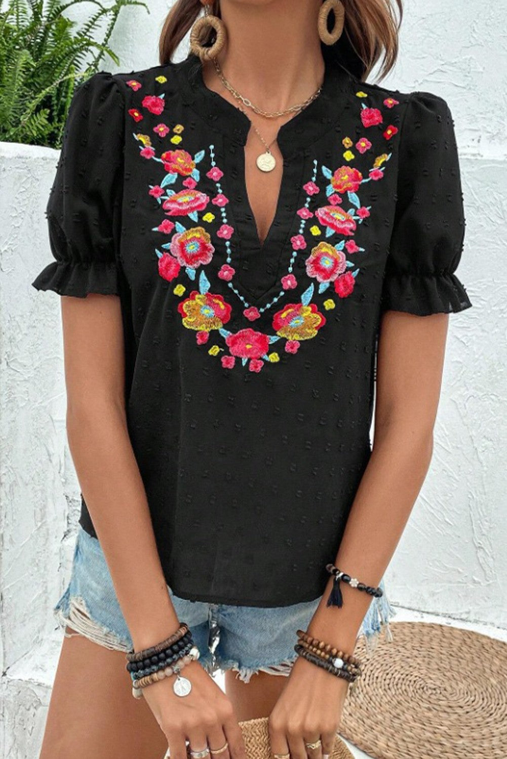 Black Floral Bubble Sleeve Chiffon Top