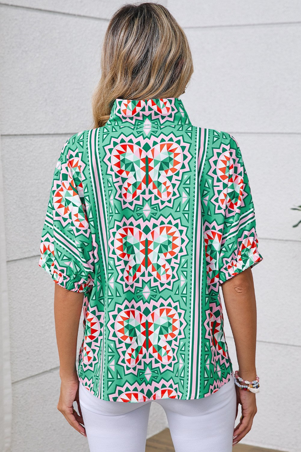 Boho Print Split Neck Blouse