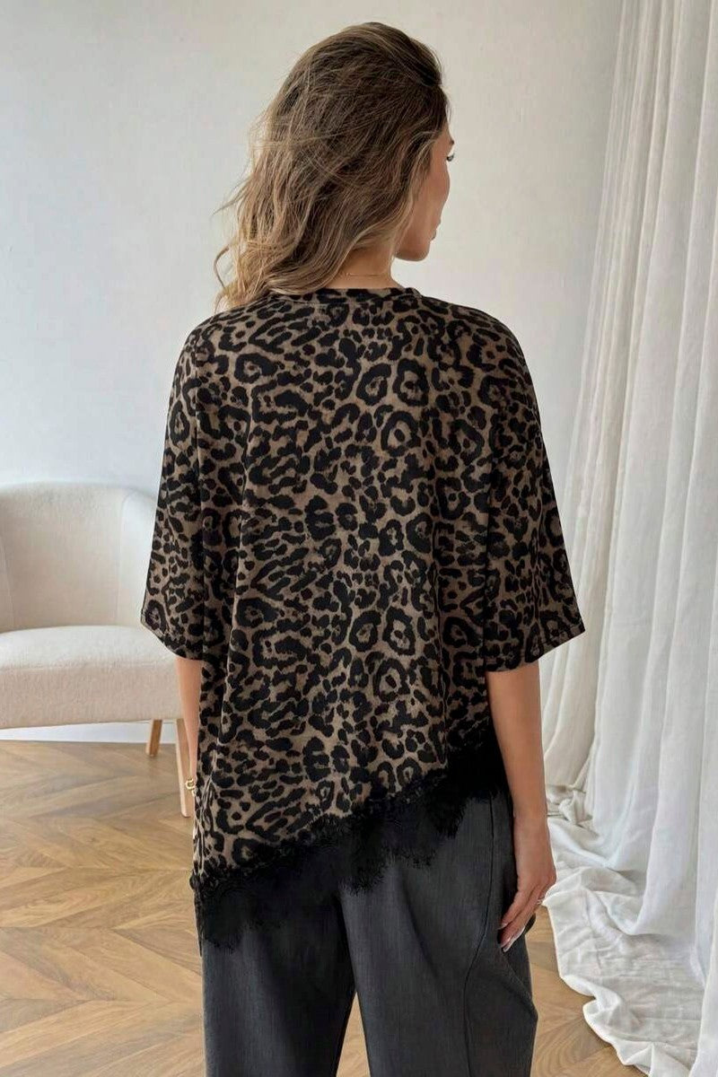 Leopard Asymmetrical Lace Trim Top