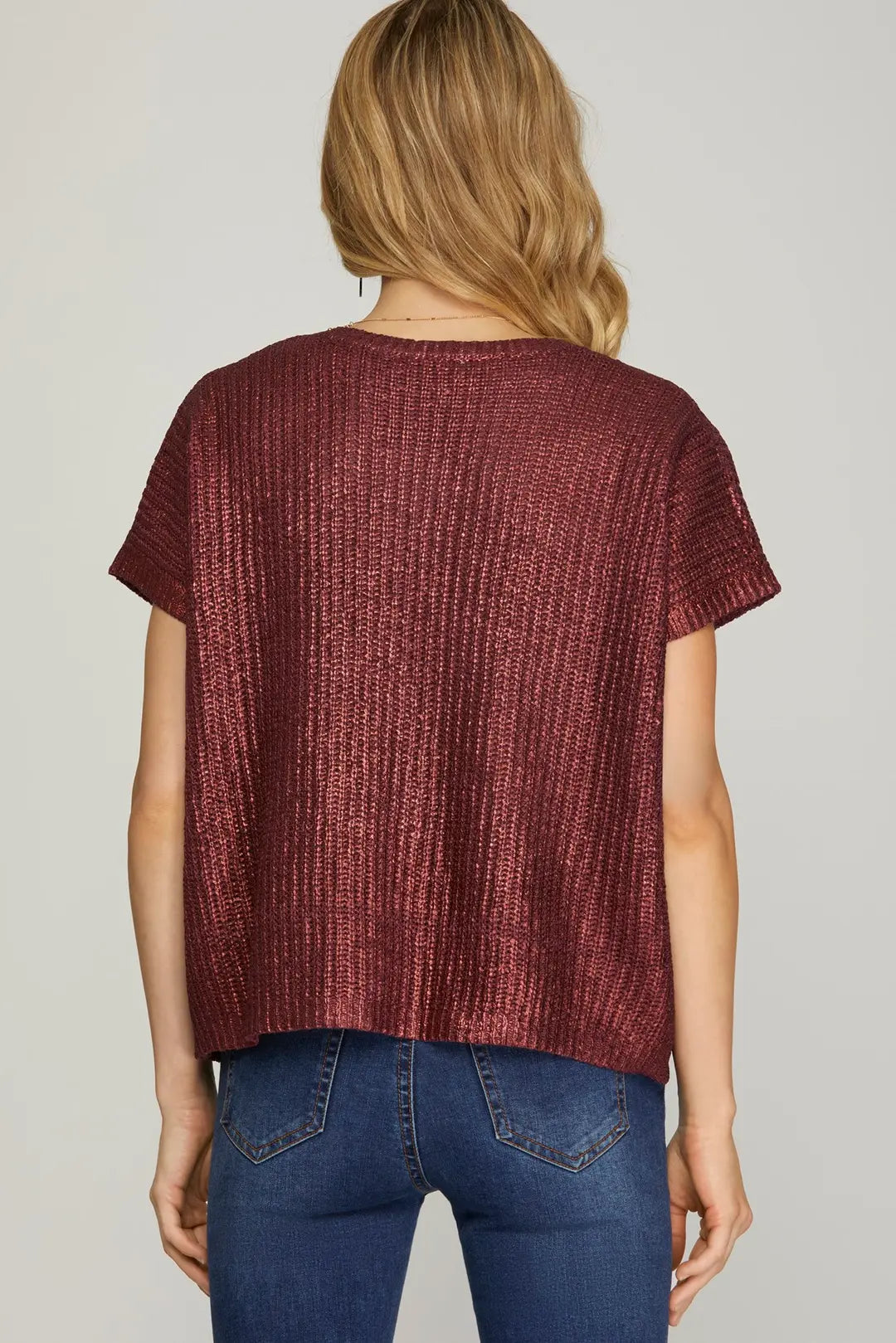 Maroon Short Sleeve V-neck Metallic Coated Top