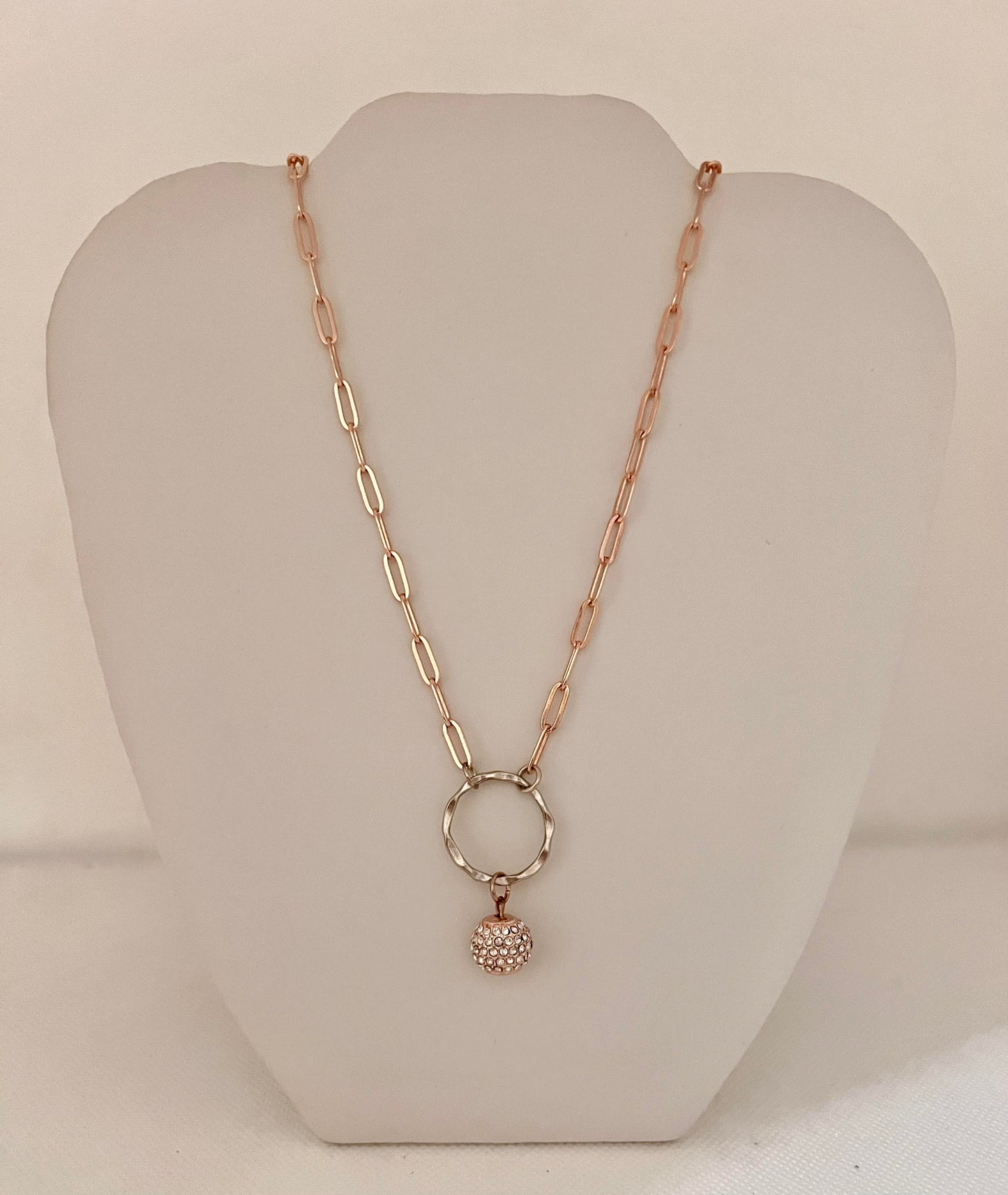 Rose gold paperclip pave ball necklace