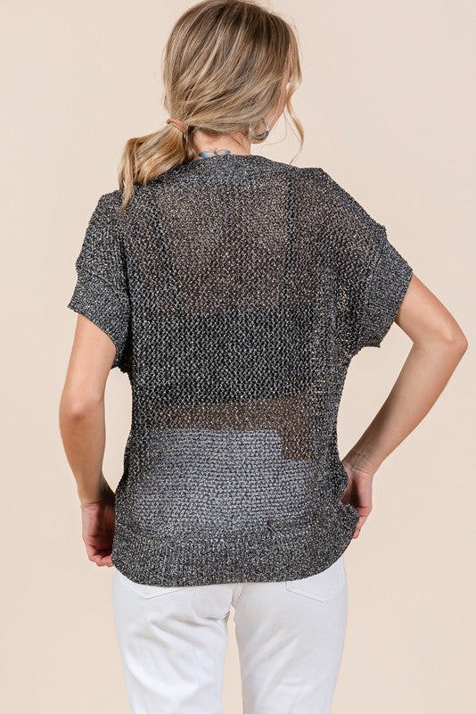 Black/Silver Twinkle Crochet Knit Top V-neck