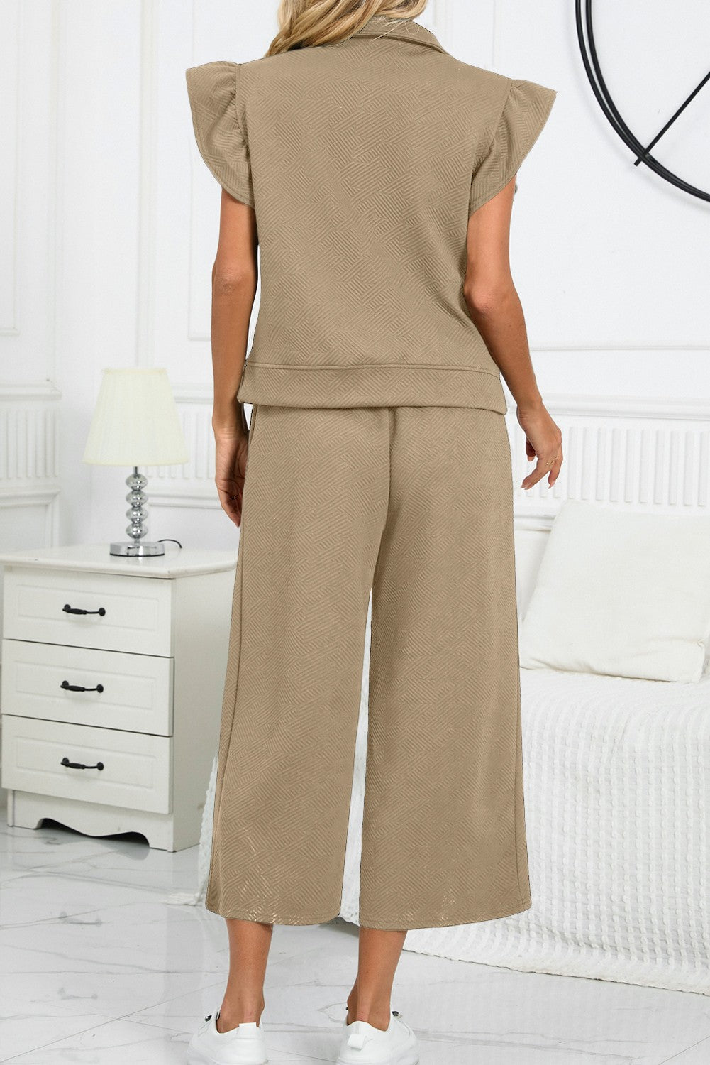 Textured Ruffled Cap Sleeve Top Wide Leg Pants Set Beige