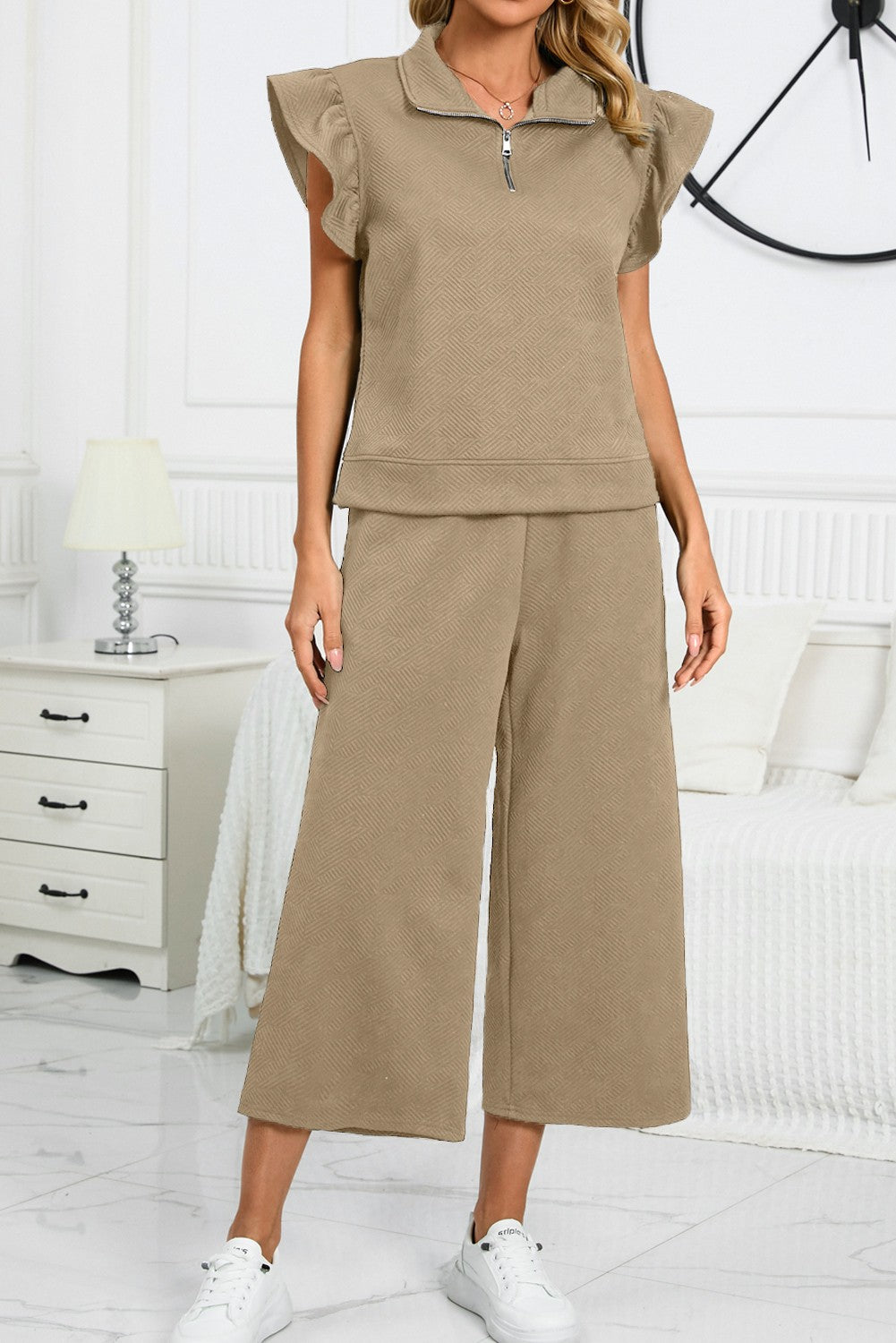 Textured Ruffled Cap Sleeve Top Wide Leg Pants Set Beige