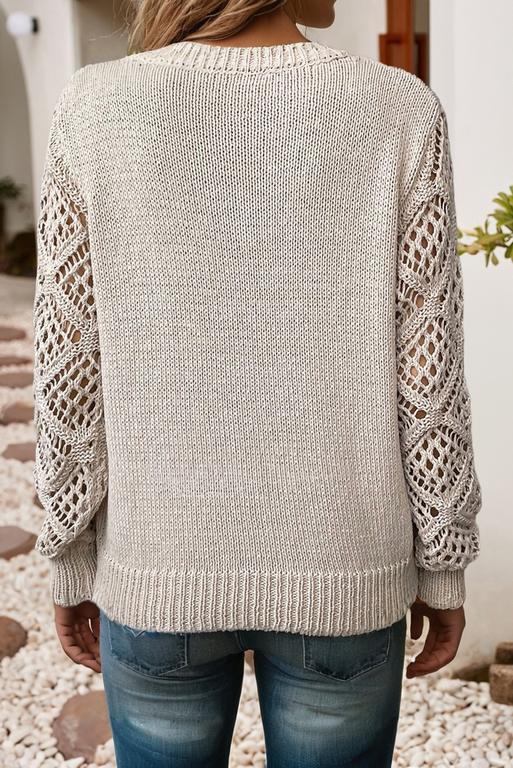 Solid V Neck Pointelle Knit Sleeve Sweater