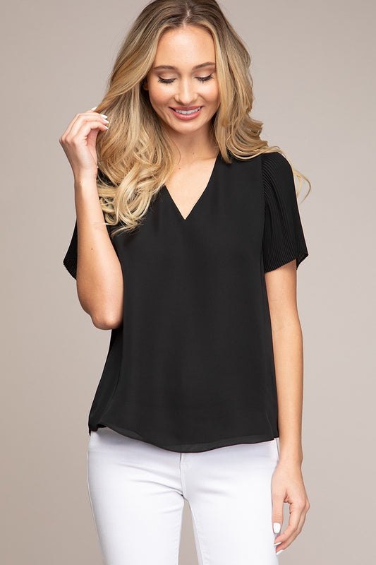 Pleated Angel Sleeve Blouse Black