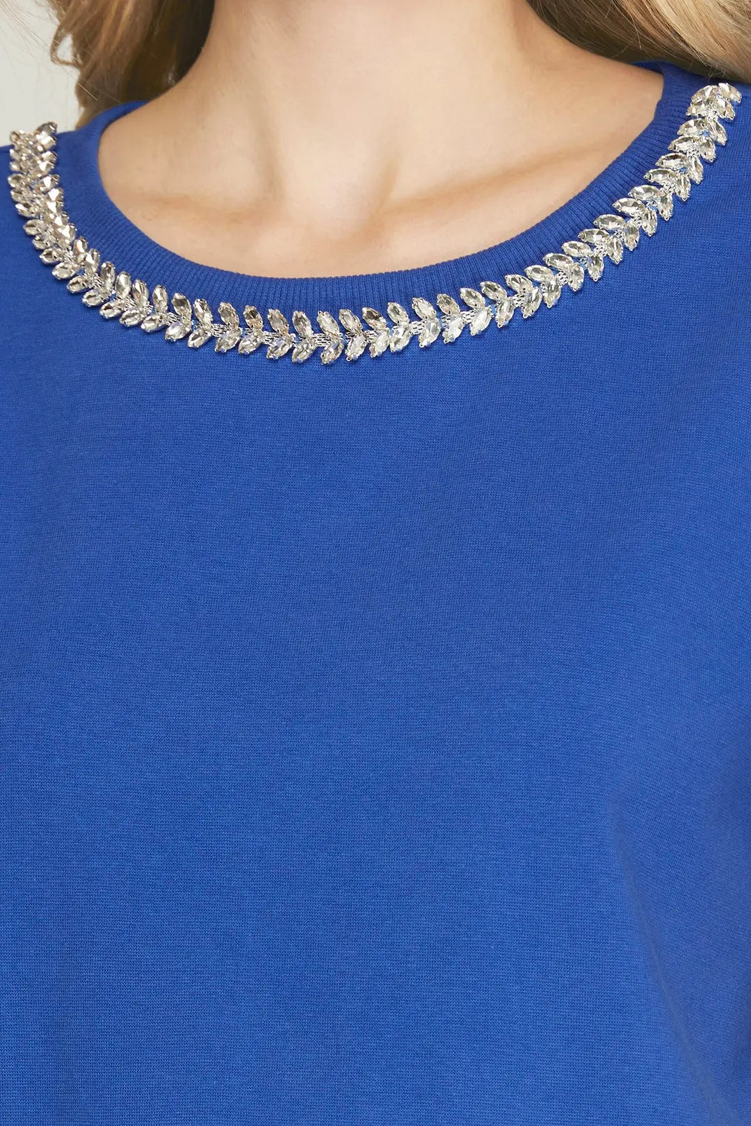 Blue Short Sleeve Knit Rhinestone Top