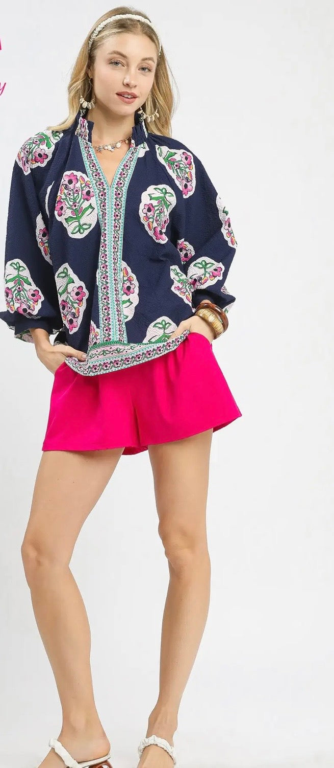 Boho Navy/ Floral Print Tunic Blouse