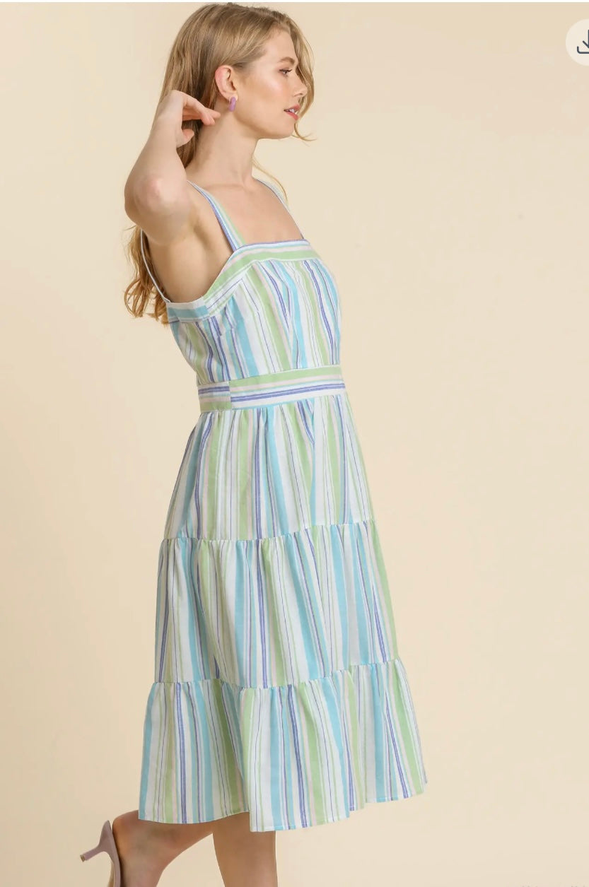 Mint Striped Tiered Midi Sun Dress