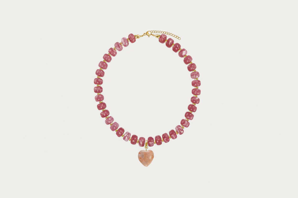 Chunky Beaded Pink Heart Necklace