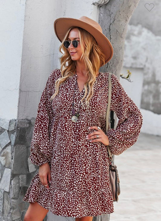 Maroon and White Polka Dot Dress