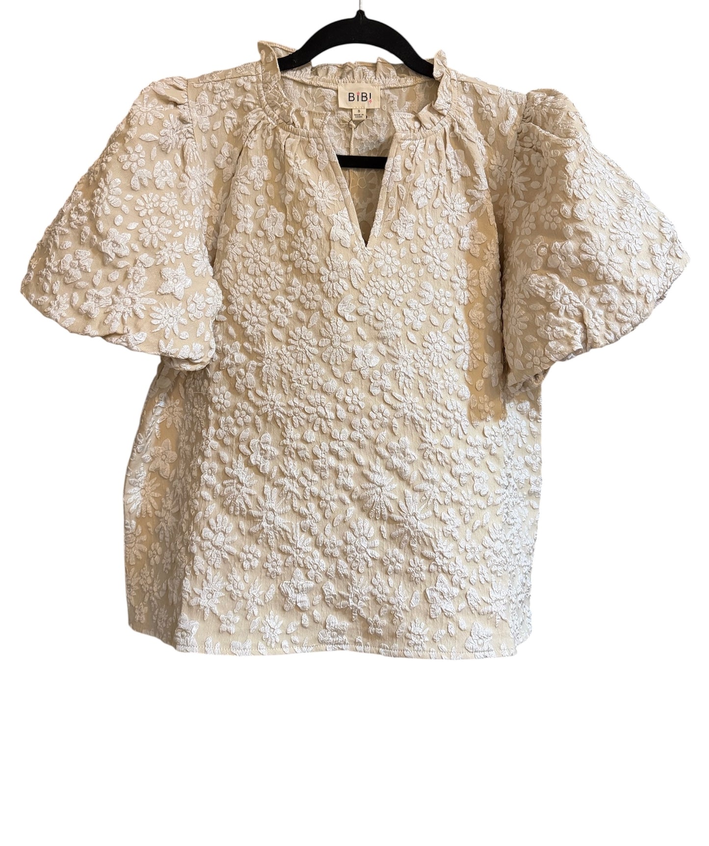 Floral Pattern Texture Balloon Sleeve V-Neck Top