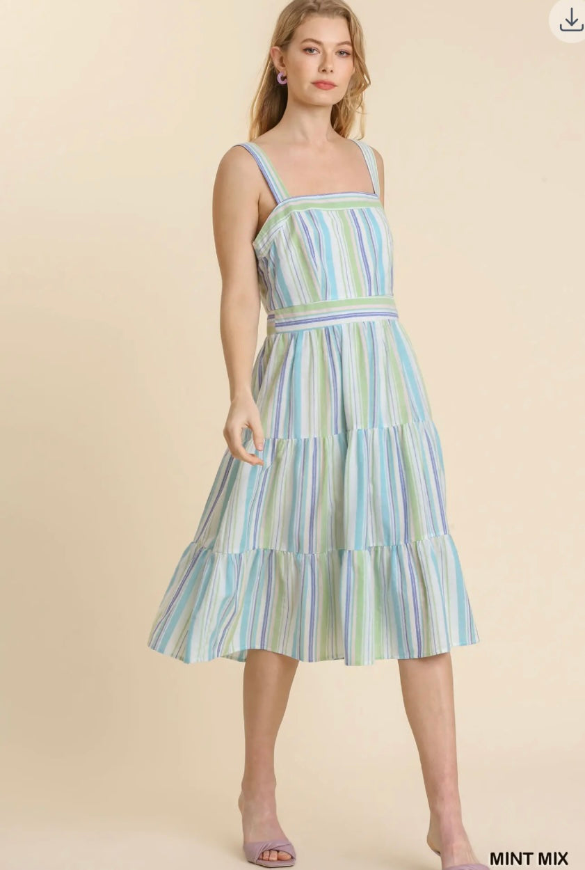 Mint Striped Tiered Midi Sun Dress